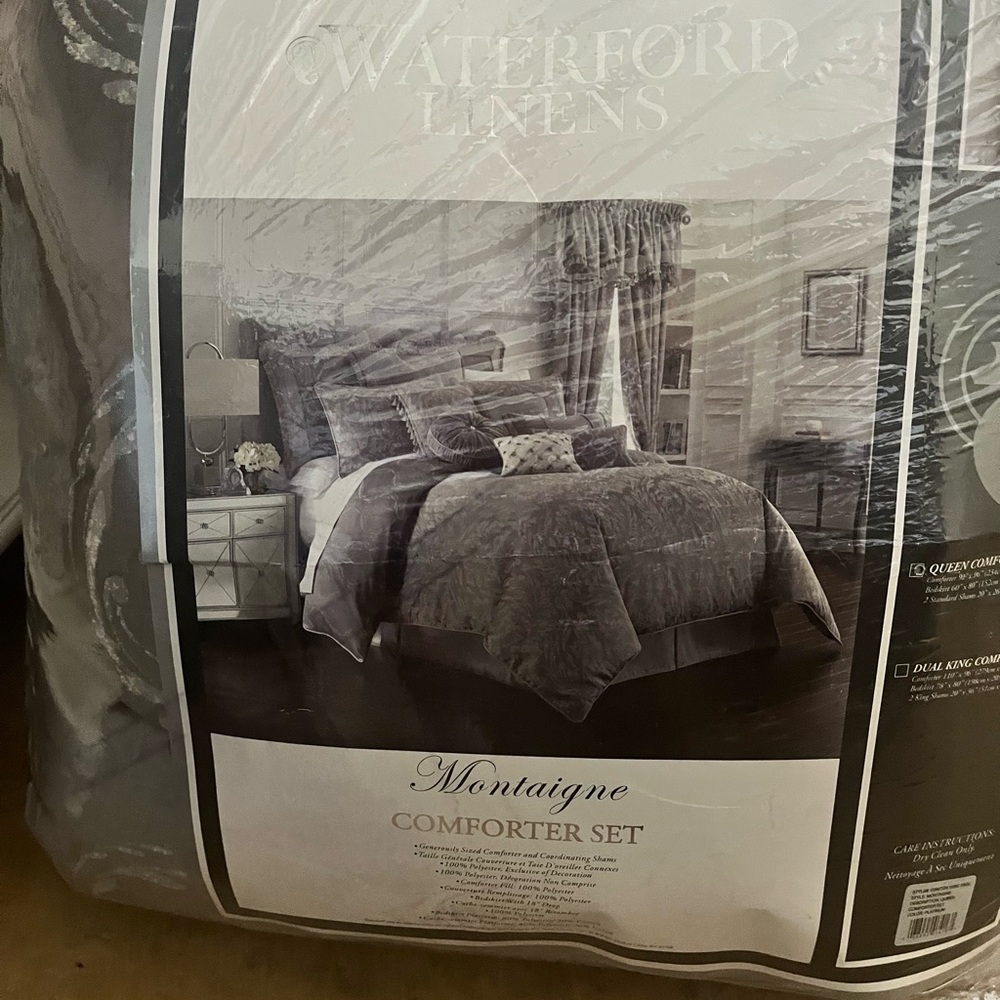 Waterford Montaigne King Gray Comforter Set Contemporary Pleated Design Like New